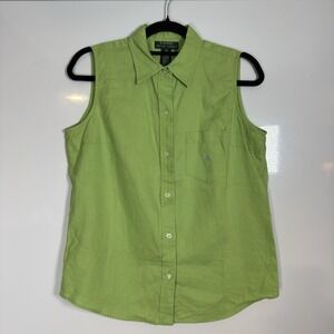 Womens Vintage Lauren Ralph Lauren Top Medium Linen Button Up Lime Green